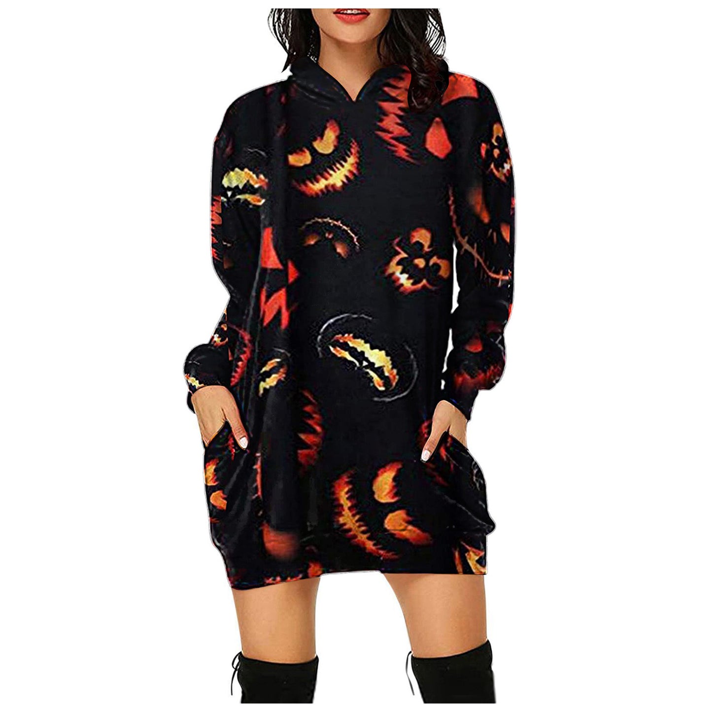 Halloween Women's New Style Dress Digital Printed Hooded Long Sleeve Dress