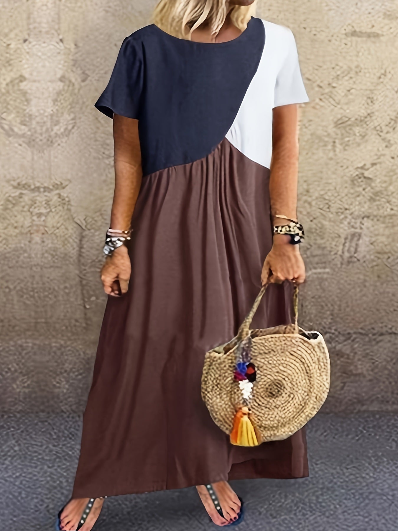 Plus Size Colorblock Short Sleeve Maxi Dress; Women's Plus Slight Stretch Round Neck Boho Long Dress