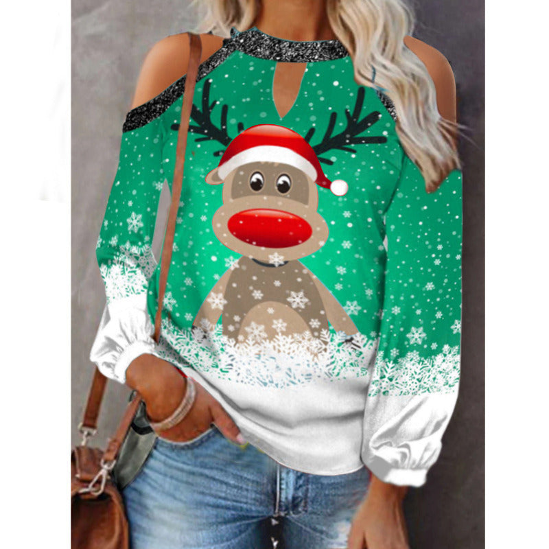 New Women's Christmas Elk Printed Sequin Off-the-shoulder Top Long Sleeve T-shirt Lantern Sleeve