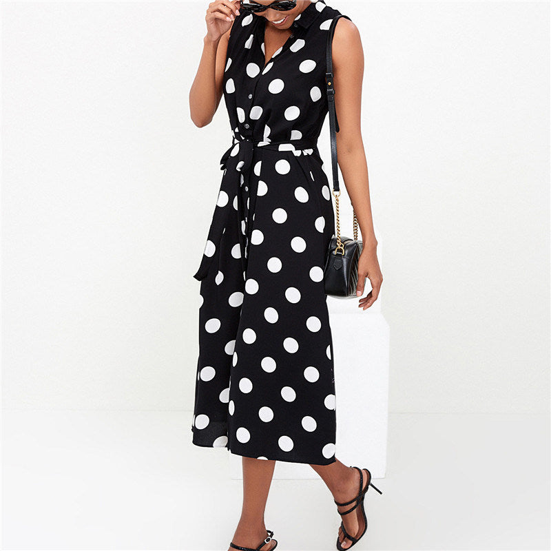 New Dress Sleeveless Polka Dot High Waist Lace-up Women's Chiffon Dress