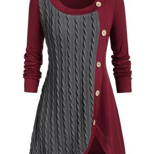 Plus Size Solid Jacquard Button Up Long Sleeve Dress; Women's Plus Medium Stretch Casual Dress