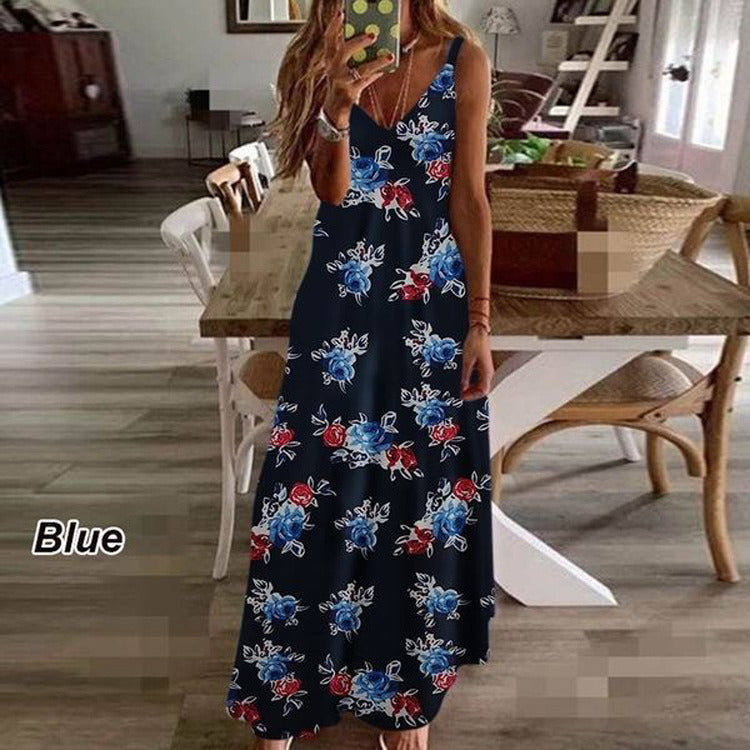 New summer women's dress print holiday dress suspenders long skirt Indian style swing skirt