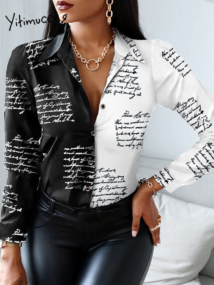 Patchwork Button Up Shirt Women Tops Long Sleeve Blouse Turn-down Collar Design Print Camouflage Fashion White Black Letter 2023