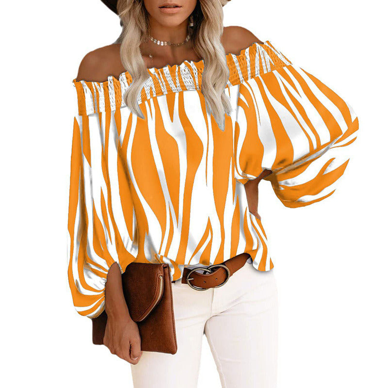 Sexy Off Shoulder Stripe Print Chiffon Shirt Women Fashion One Neck Lantern Long Sleeve Pullover Tops Street Vintage Lady Blouse