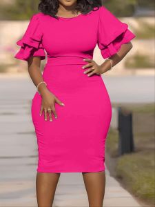 Plus Size Ruffle Trim Solid Round Neck Bodycon Dress; Women's Plus Elegant Medium Stretch Bodycon Dress