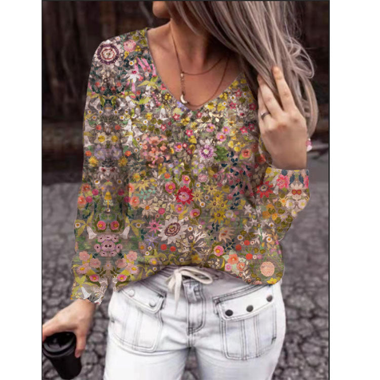 Fashion New Women's Tops Autumn and Winter Printed Floral Long Sleeve Blouse