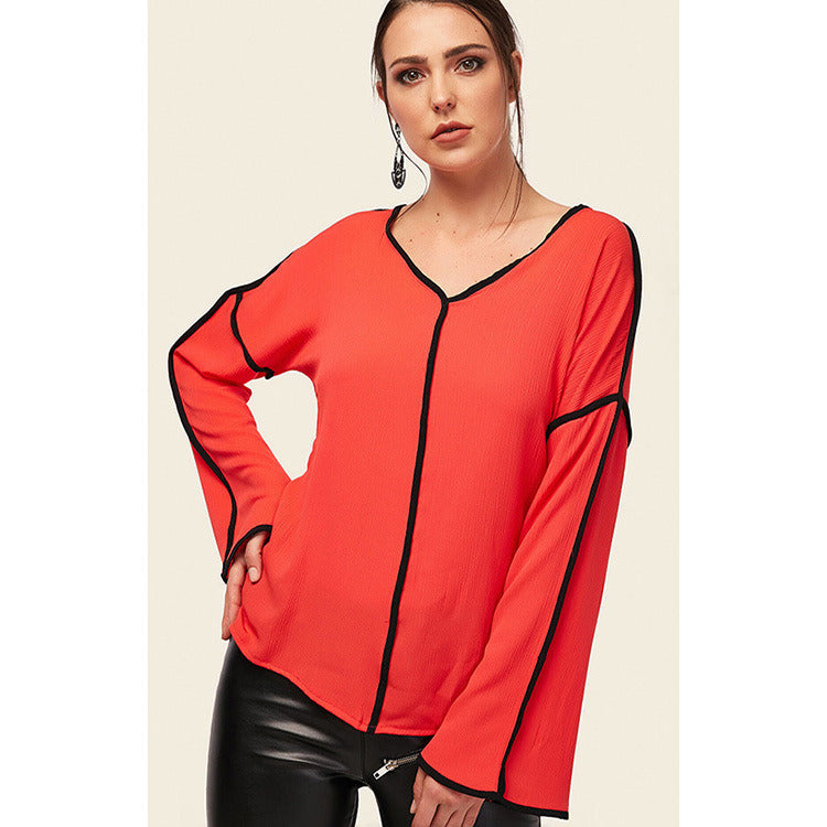 European and American Women's V-neck Chiffon Trumpet Sleeve Stitching Top S-XXXL