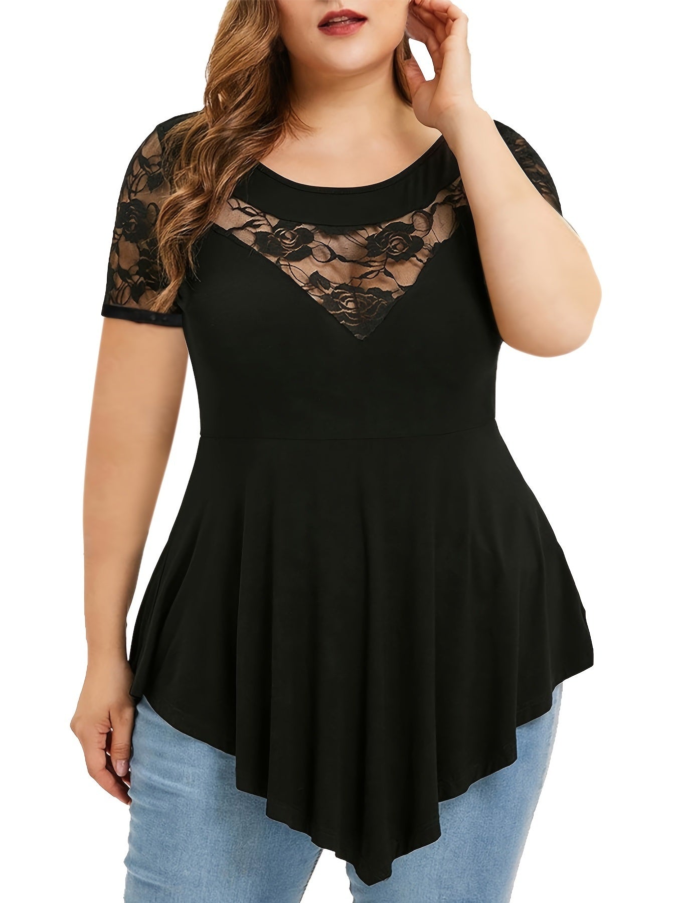 Plus Size Contrast Lace Colorblock Round Neck T-shirt; Women's Plus Irregular Hem Elegant Blouse