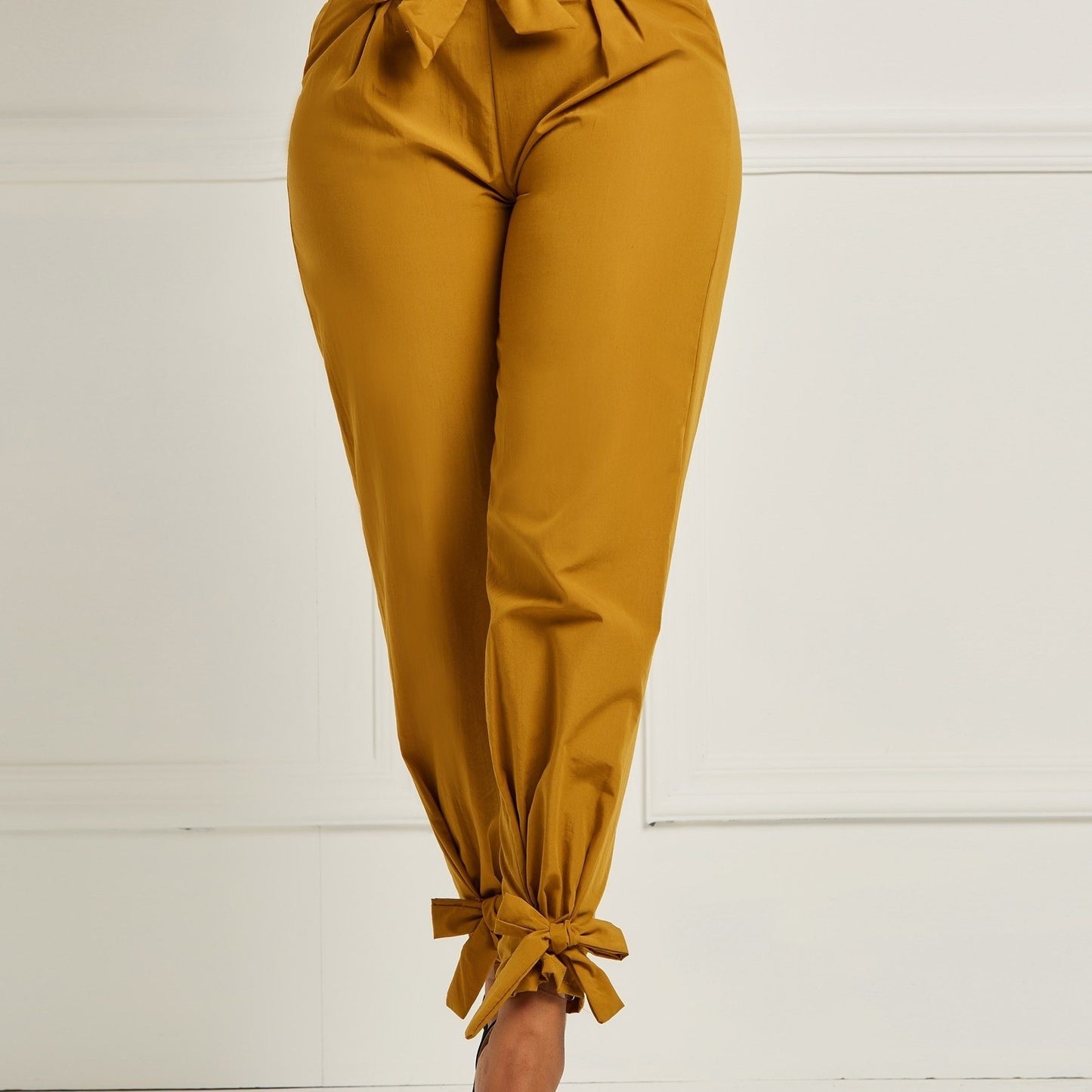 Solid Bowknot Loose Pencil Pants; Mature High Stretch High Waist Pants For Spring & Fall