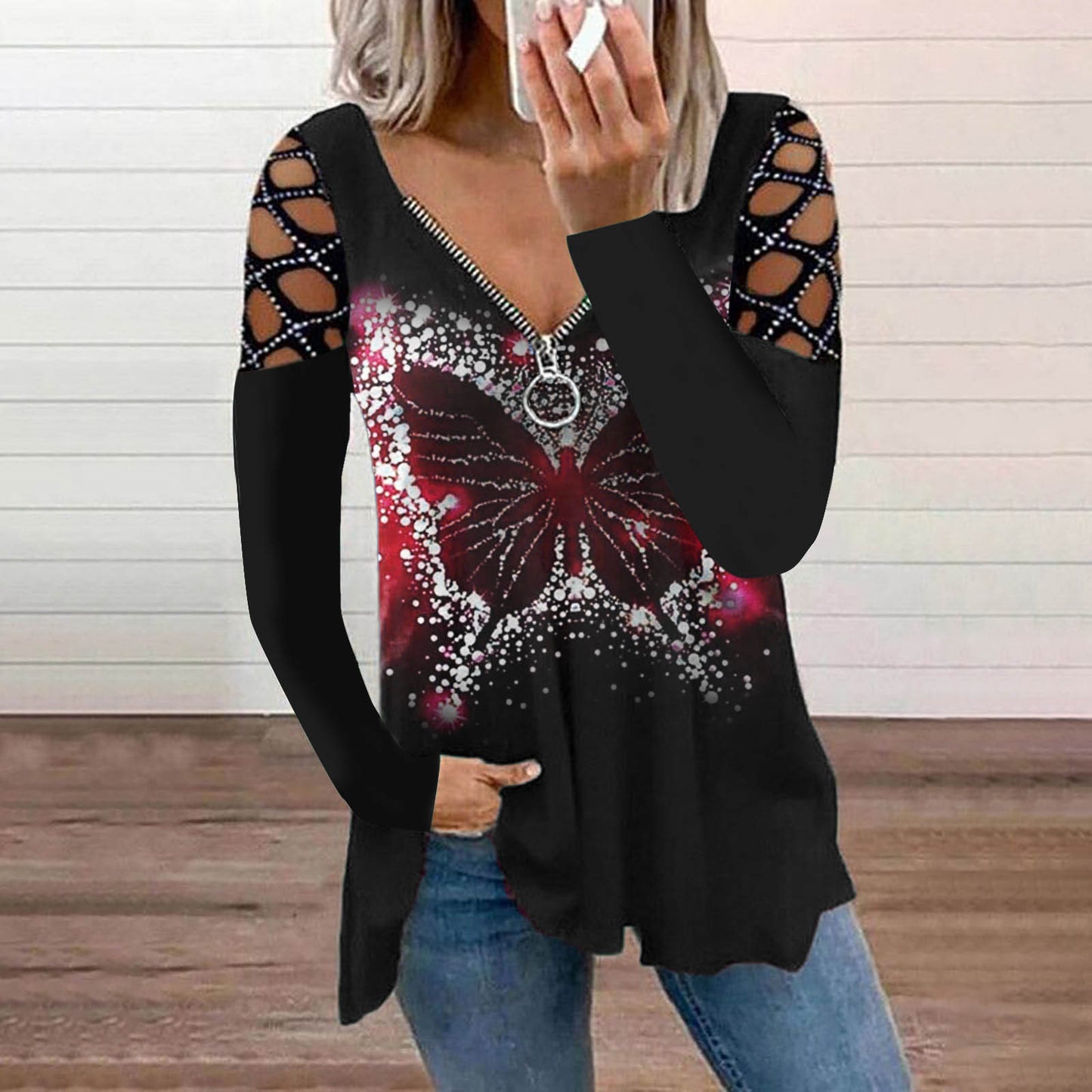 Fall/winter New Style V-neck Hot Drilling Long-sleeved Loose T-shirt Top Halloween