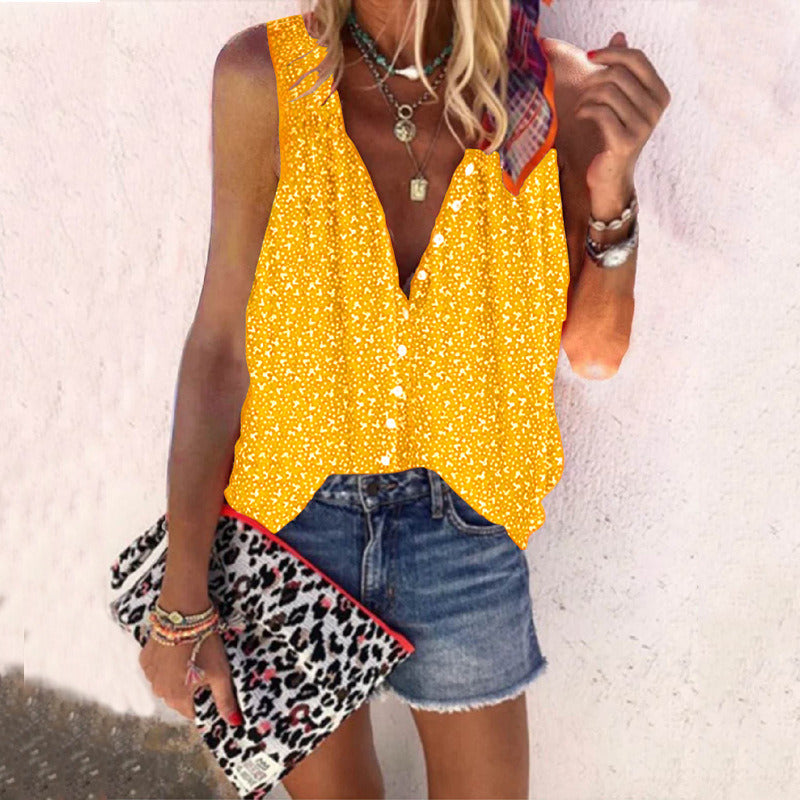 Summer Women's One-breasted Casual Loose Printed Sleeveless Shirt