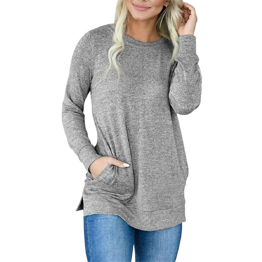 Ladies Pocket Sweater Solid Color Long Sleeve Loose Round Neck Sweater