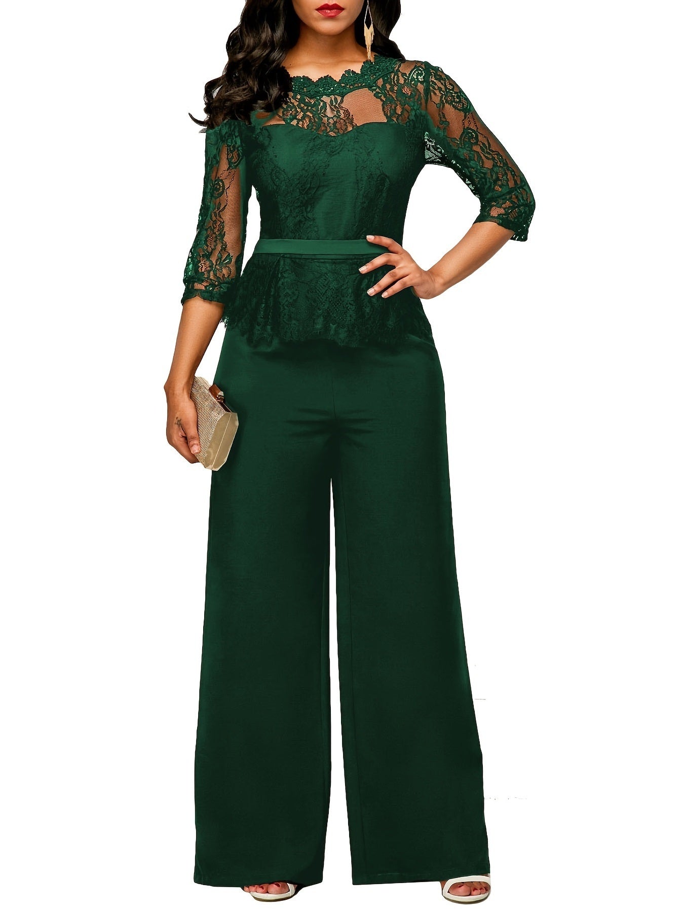 Lace Stitching Jumpsuit; Elegant Half Sleeve Wide Leg Jumpsuit