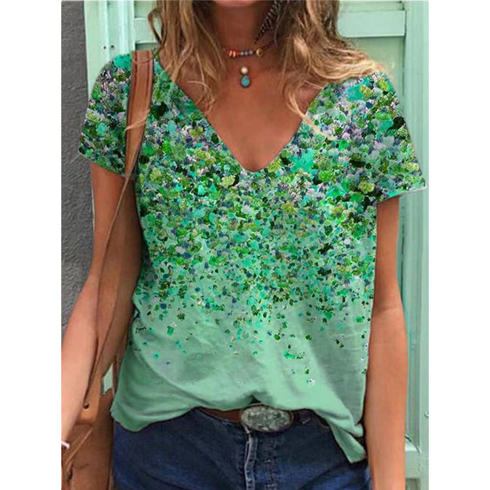 Summer new women's V-neck floral print short sleeve top T-shirt