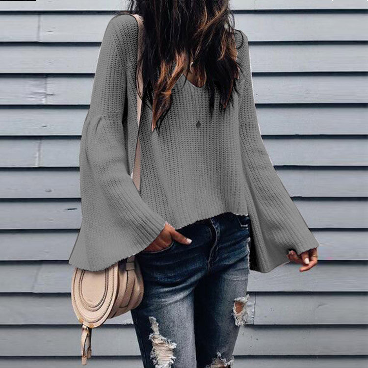 Fashion trend solid color sexy v-neck wool crater loose trumpet sleeves long-sleeved sweater top