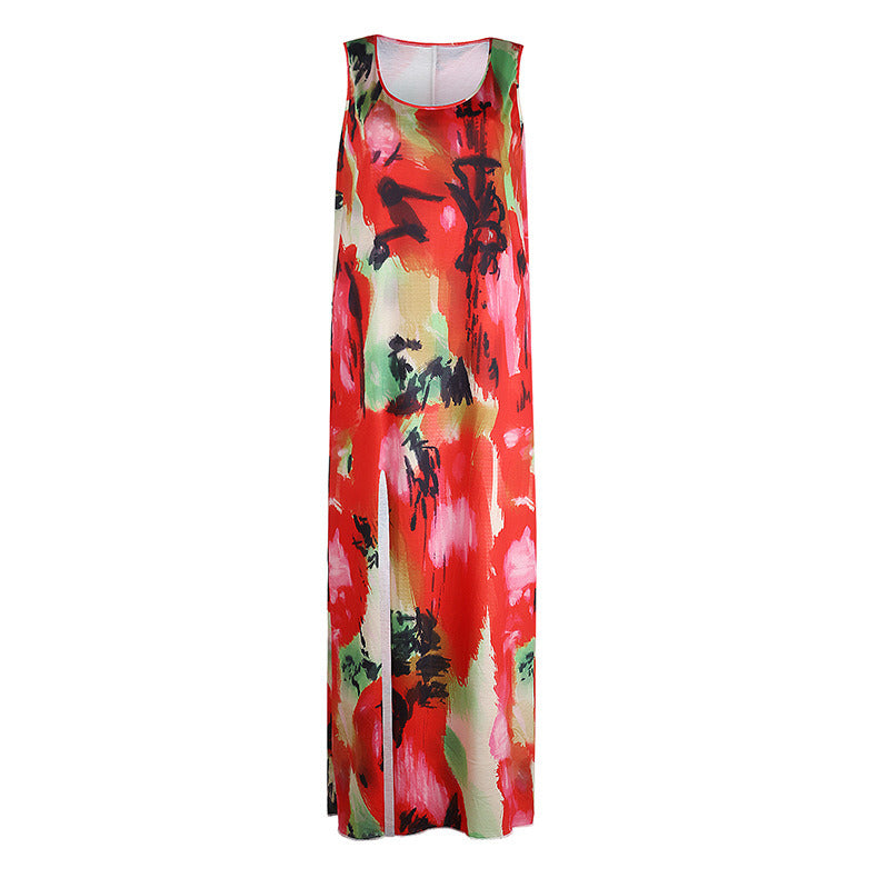 Summer New Women's Sleeveless Printed Bohemian Long Split Dress