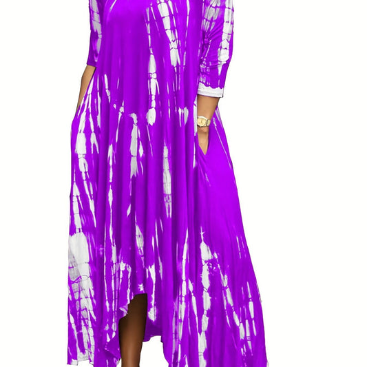 Plus Size Tie Dye Long Sleeve Round Neck Maxi Dress; Women's Plus Slight Stretch Casual Long Dress