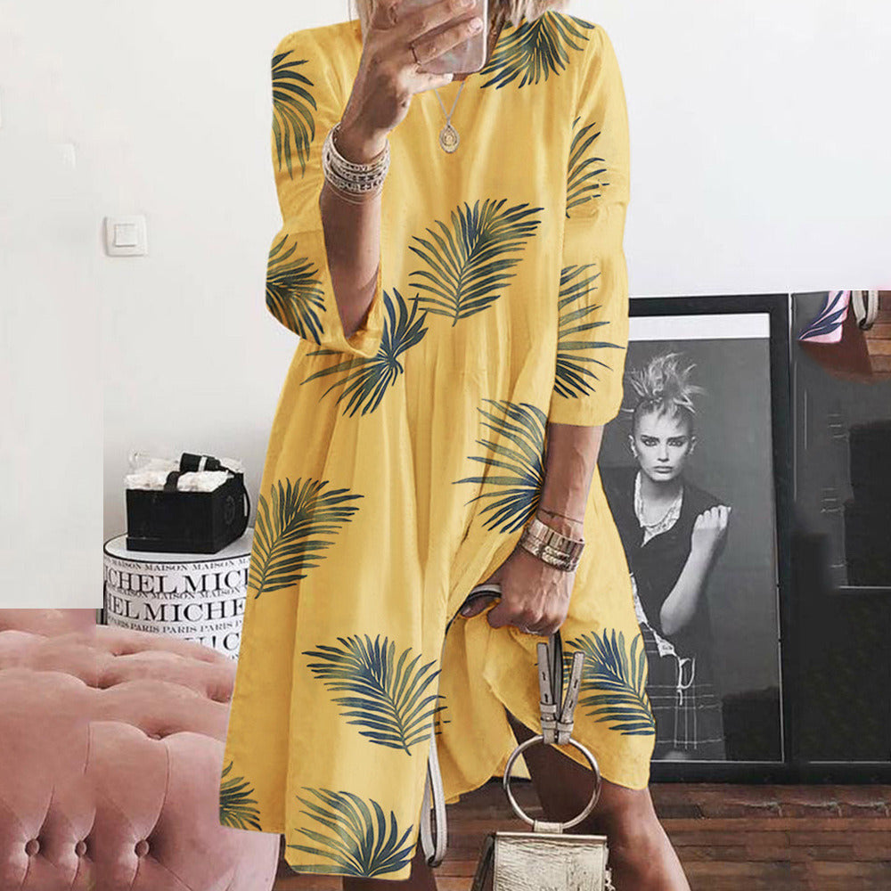 Autumn new dress women's round neck loose leaf print large dress