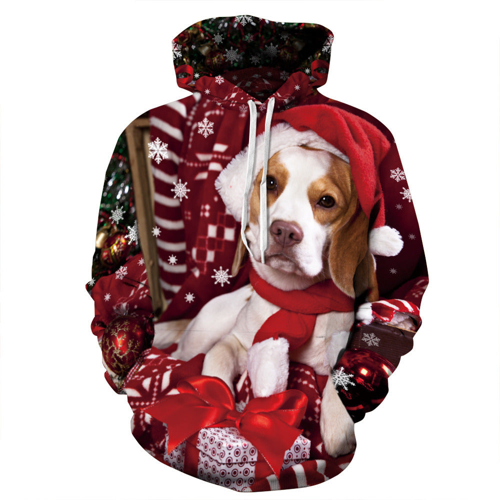 Europe and the United States new women's Christmas sweater Christmas cat Elk dog digital print hooded sweater