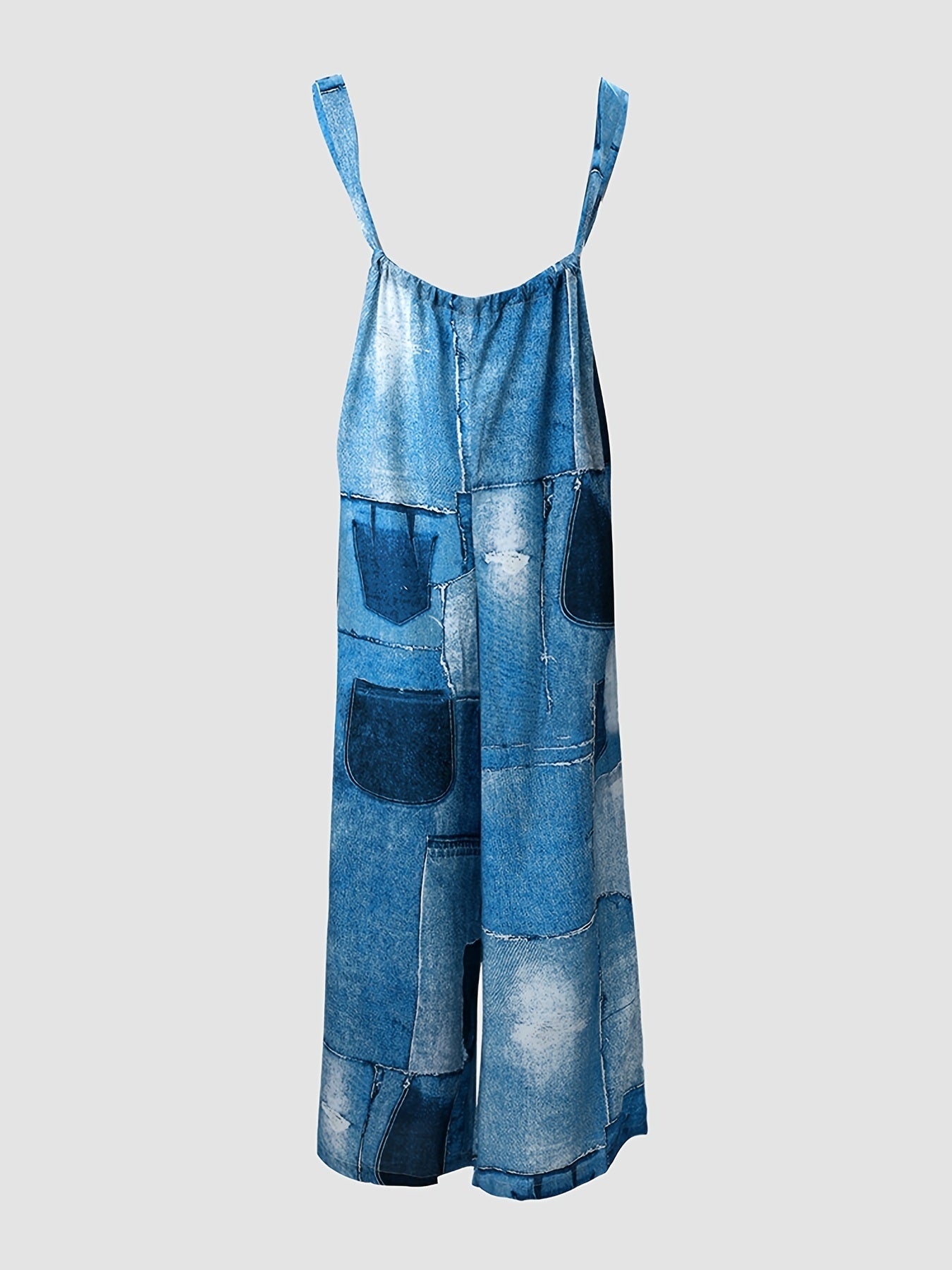 Hippie Patchwork Denim Print Sleeveless Cami Jumpsuits; Wide Leg Long Length Casual Jumpsuits