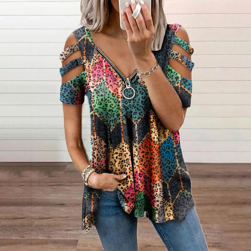 Women's new T-shirt V-neck zipper pullover printed short-sleeved loose T-shirt tops