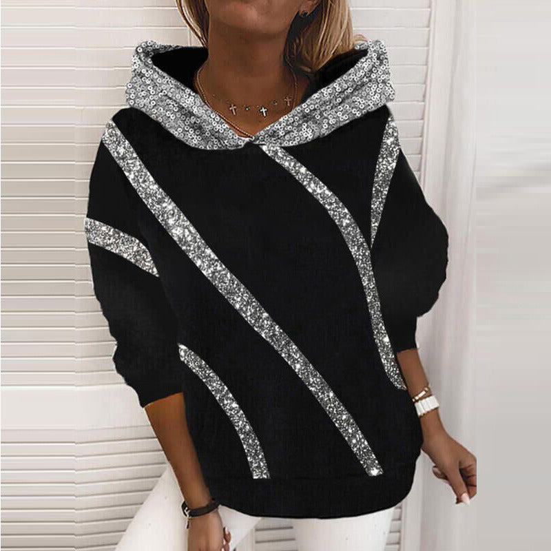 Women's fashion winter new Sequin loose hooded sweater women's fashion