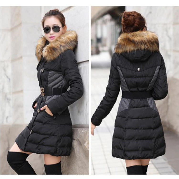 Women's coat winter clothes, long-length thickened cotton jacket, long-size cotton jacket, cap, Korean version, cotton suit wholesale