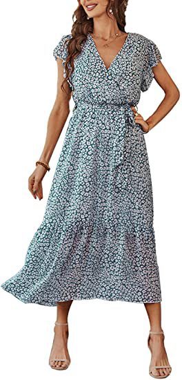 Women's 2023 Floral Summer Dress Wrap V Neck Short Sleeve Belted Ruffle Hem A-Line Bohemian Maxi Dresses