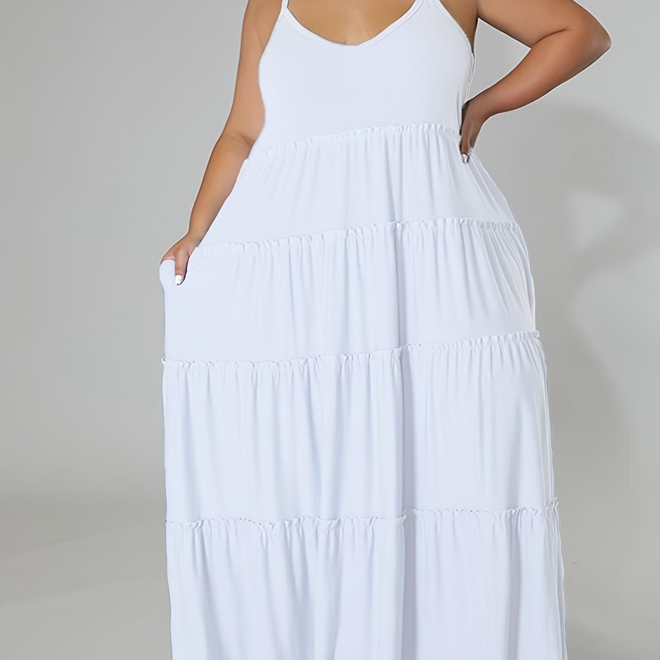 Plus Size Solid Layered Loose Fit Cami Maxi Dress; Women's Plus Sexy High Stretch Long Cami Dress