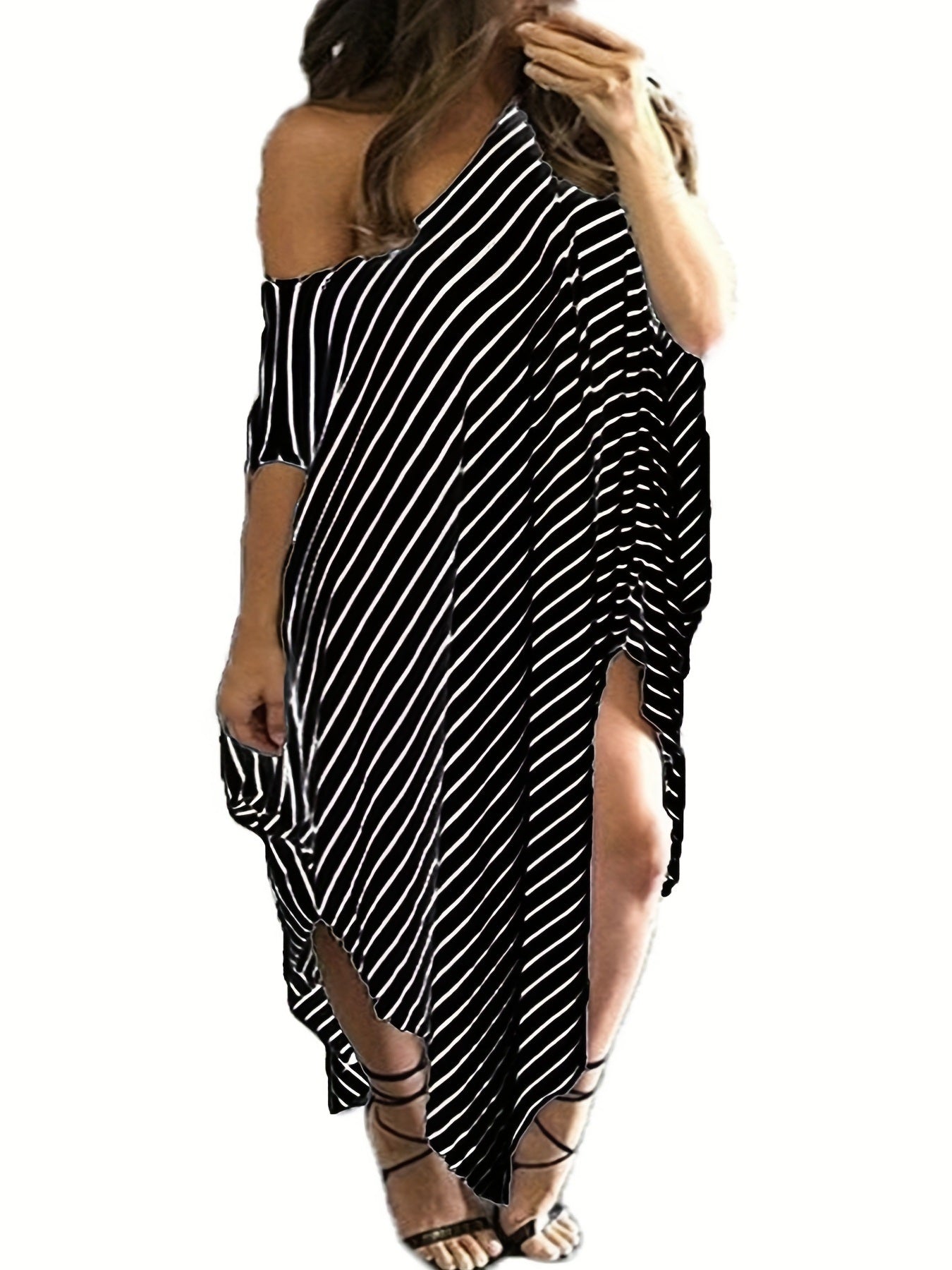 Plus Size Sexy Dress; Women's Plus Strip One Shoulder Irregular Hem Short Sleeve Dress