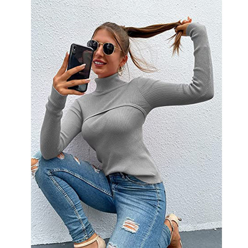 women's tops high collar autumn and winter temperament pure color slim long-sleeved threaded pullover women's t-shirt