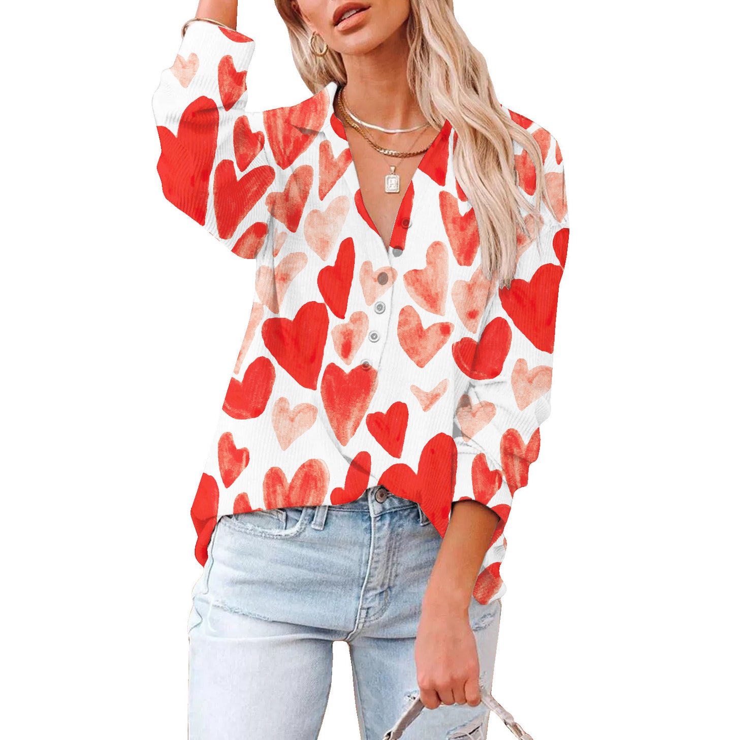 autumn and winter new lapel button love long-sleeved shirt T-shirt women