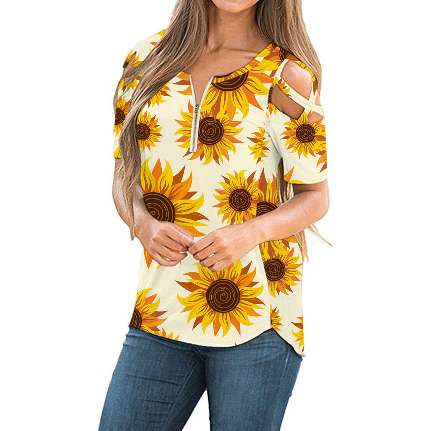 New Women's Printed Loose Cross Strapless Zipper V-neck T-shirt