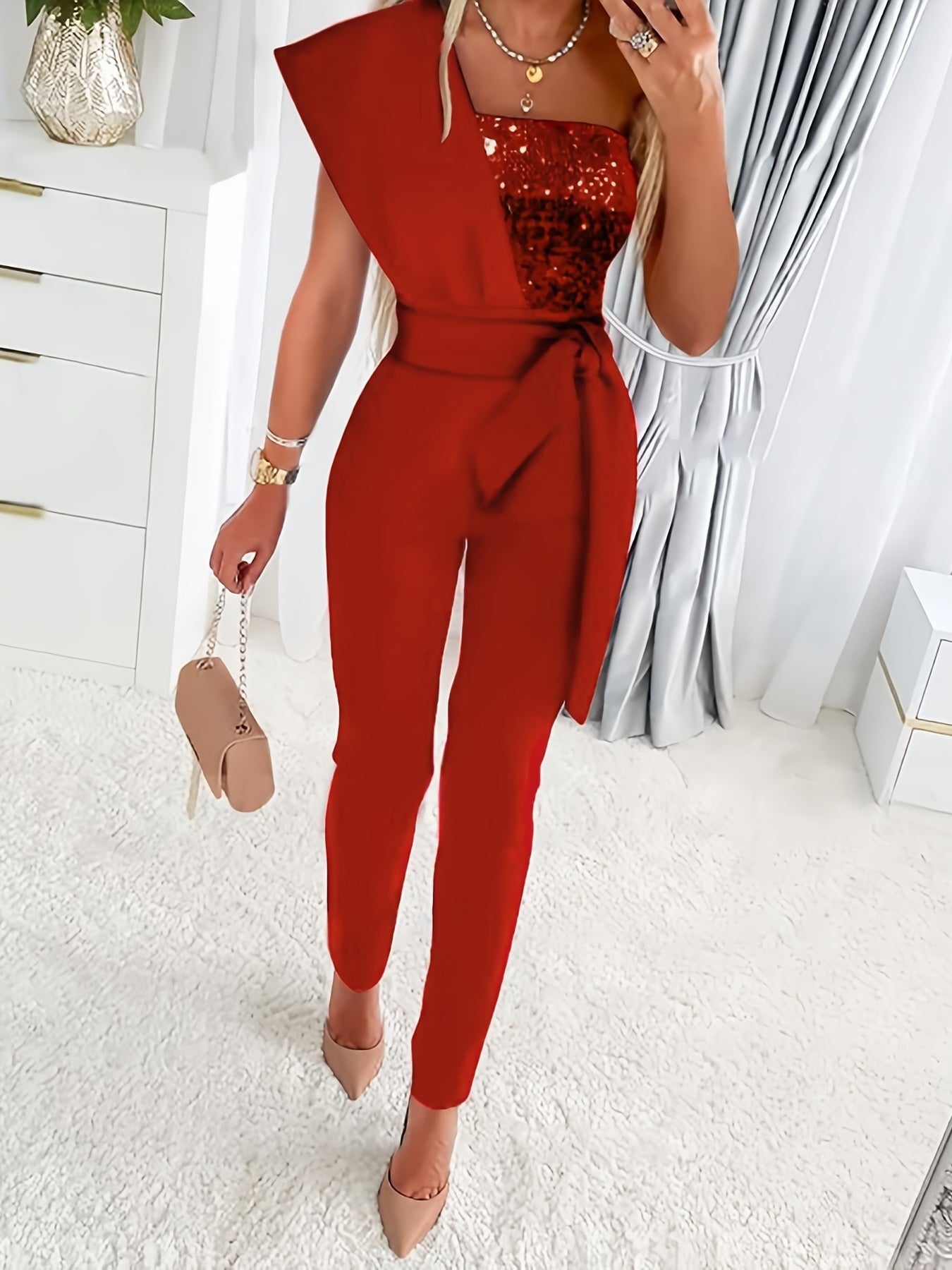 Sequin One Shoulder Jumpsuit; Party Solid Tie Waist Long Length Slim Jumpsuit