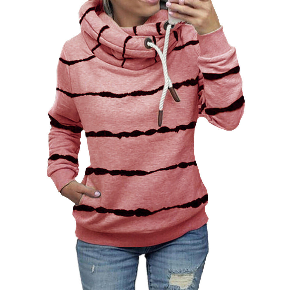 autumn and winter new women's striped printed high-neck hooded fleece striped sweater