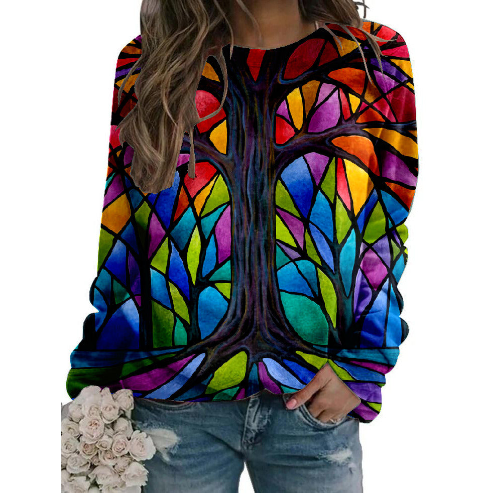 Women's Fall Winter New Hoodie Printed Round Neck Long Sleeve Loose Sweater