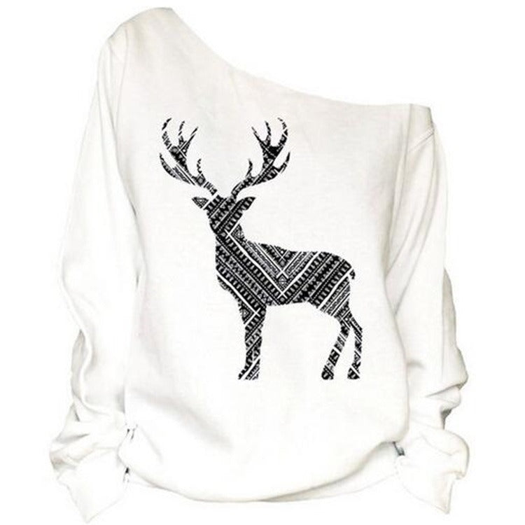 Autumn and Winter New Christmas Theme Elk Print Long-sleeved Sweater Sexy Oblique Collar Shirt Pullover Women's Clothing