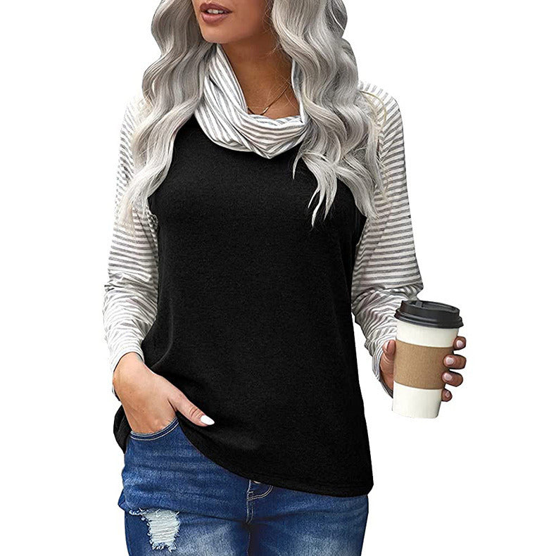 Women's Stitching Long Sleeve Stack Neck Top Striped Sleeve Printed T-Shirt