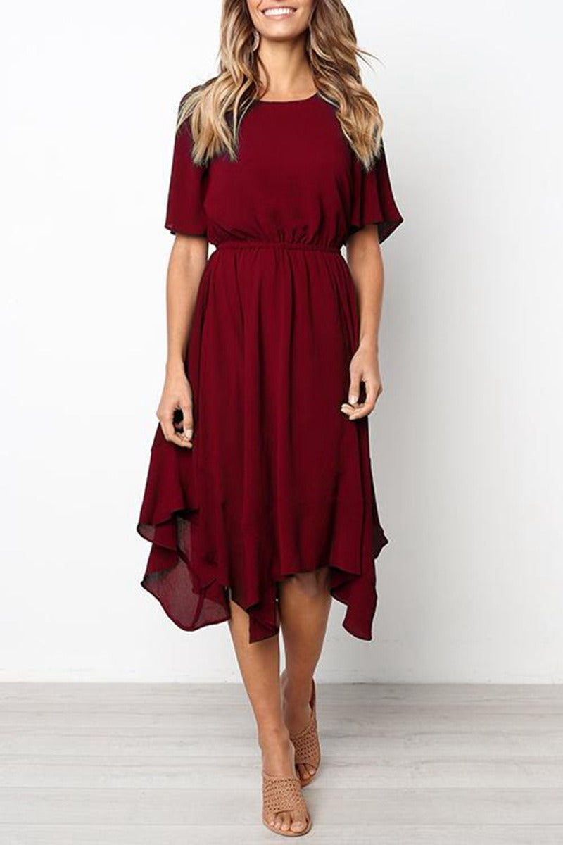 Solid Color Temperament Irregular Elastic Waist Round Neck Sleeve Dress