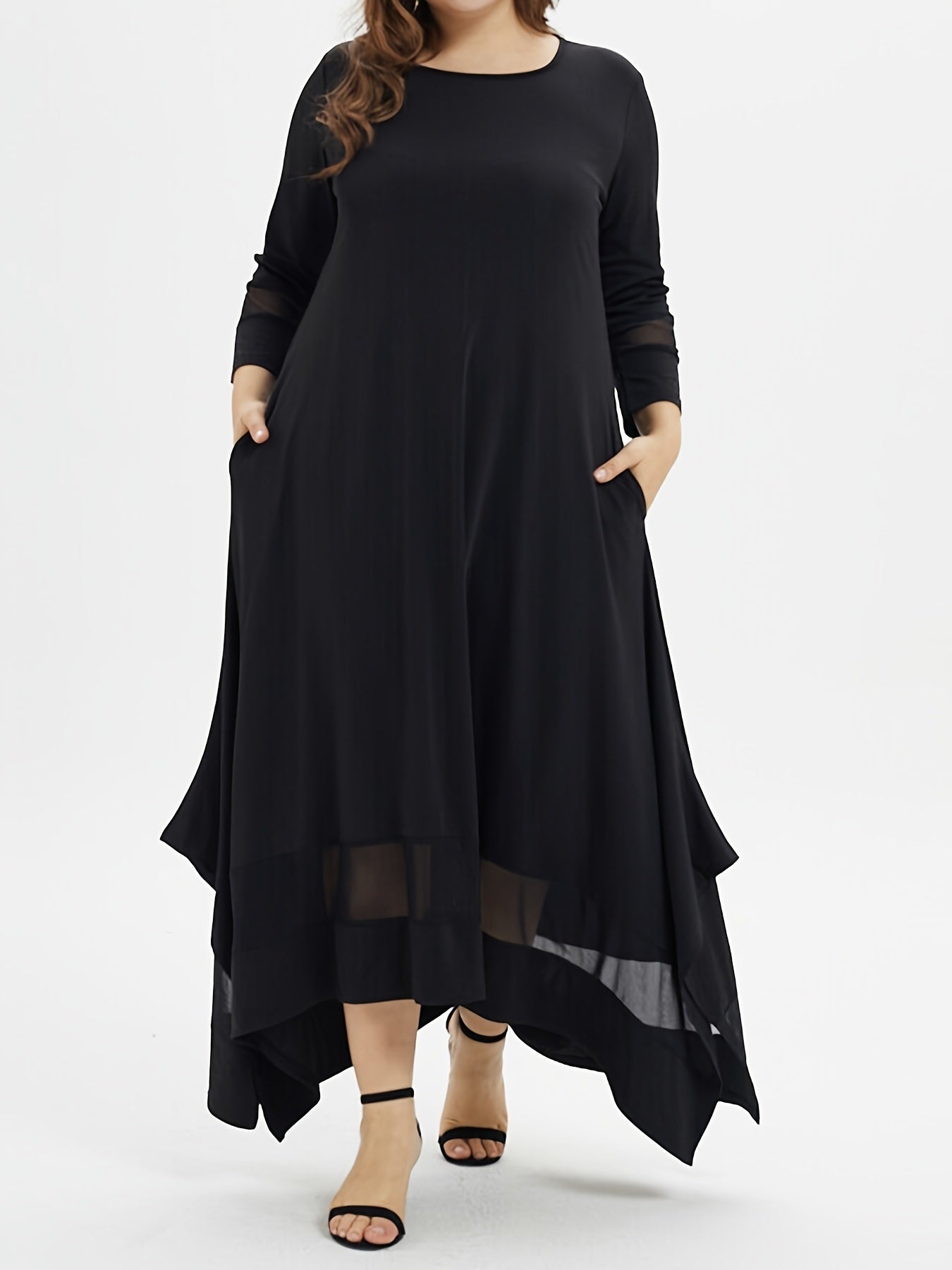 Plus Size Contrast Mesh Round Neck Long Sleeve Loose Fit Maxi Dress; Women's Plus Slight Stretch Elegant Long Dress