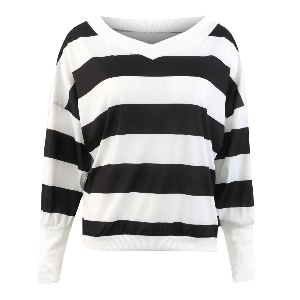 Autumn and Winter Blouse Sexy Round Neck Black and White Striped Loose Long-sleeved Shirt