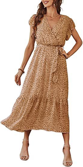 Women's 2023 Floral Summer Dress Wrap V Neck Short Sleeve Belted Ruffle Hem A-Line Bohemian Maxi Dresses