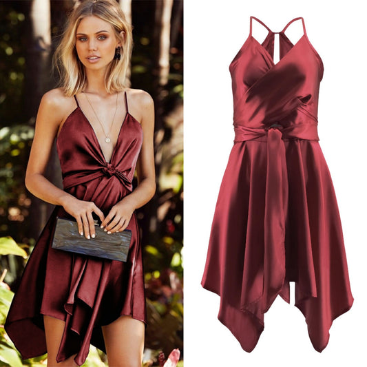 New Hot Women's Solid Color Sling Irregular Lace Dress