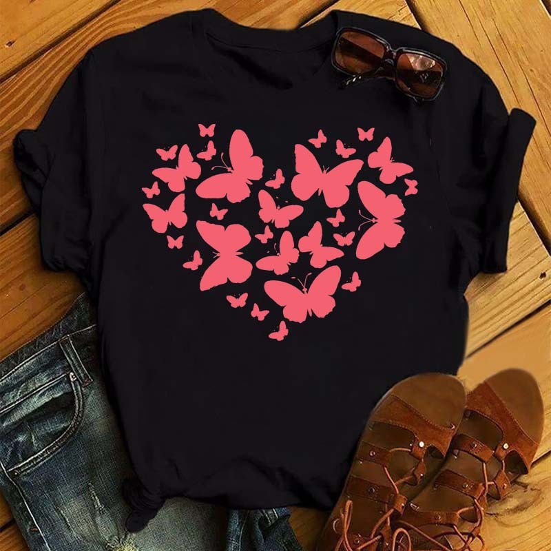 Watercolor Butterfly Heart Printed T Shirt New Women Black T-Shirt Harajuku Cute Graphic Tee Shirt Ladies Casual Female Tops Tee