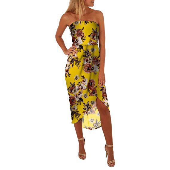 Women's Spring and Summer Sexy Wrapped Chest Print with Irregular Skirt Chiffon Dress