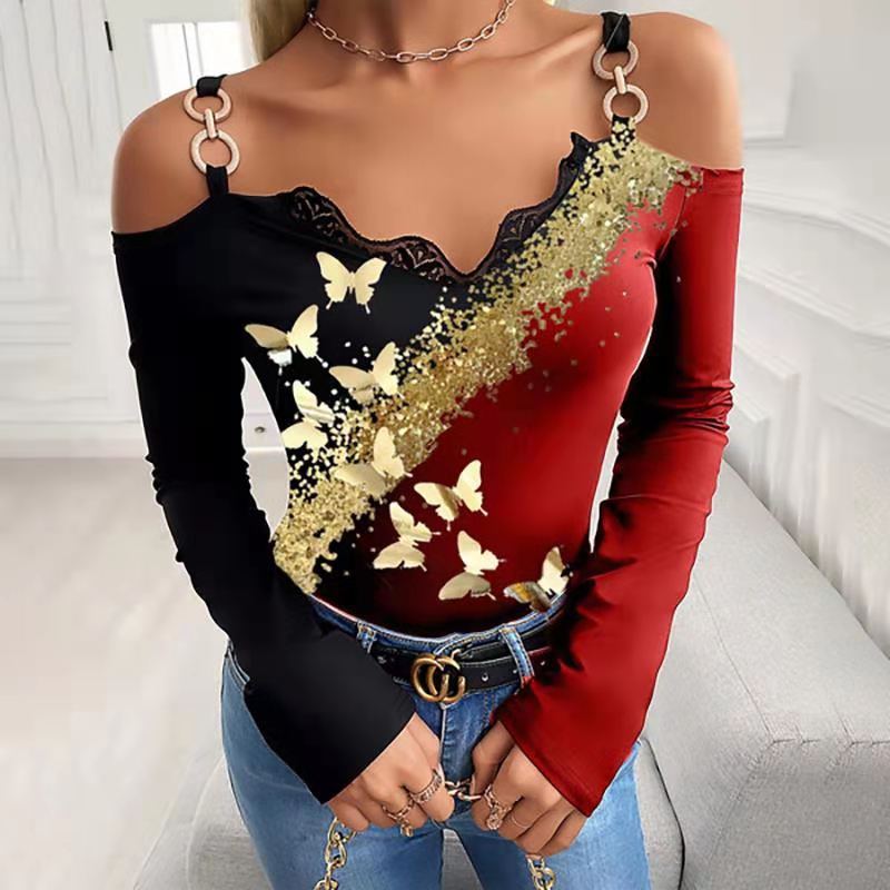 Women's Autumn New Bronzing Butterfly Print Off-shoulder Top T-shirt