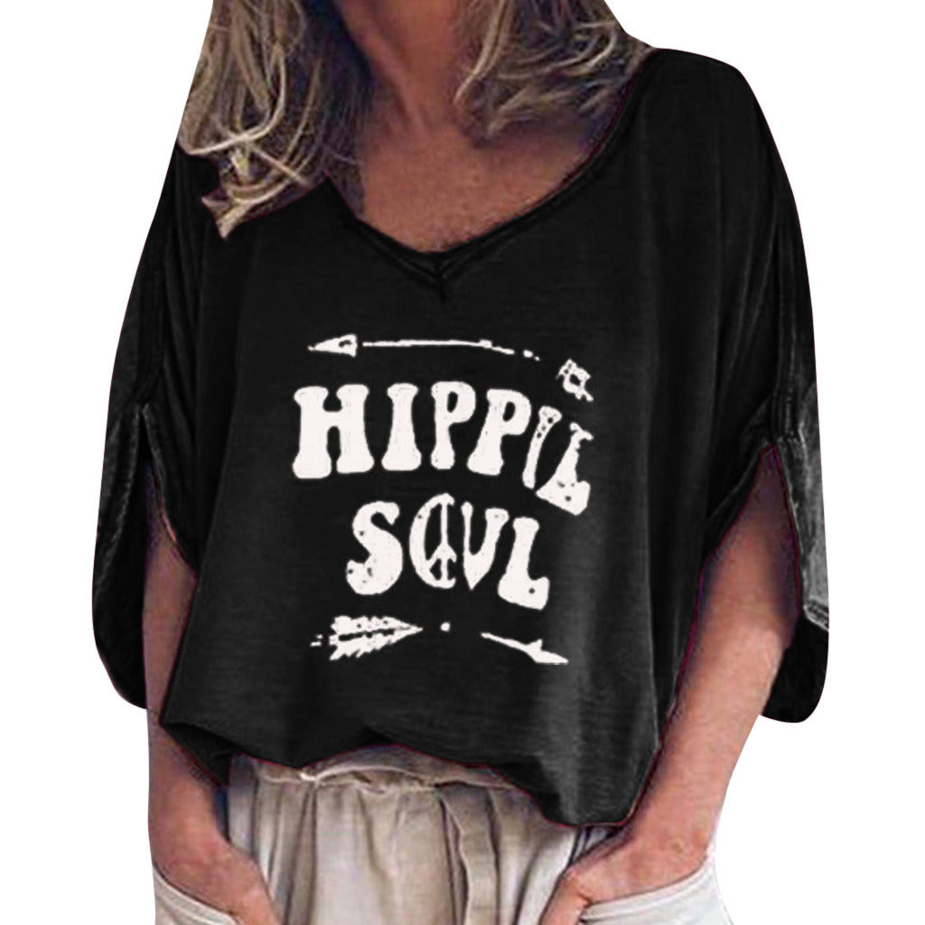 Fashion Autumn Sleeves Sleeves V-neck Print Loose Women's T-shirt