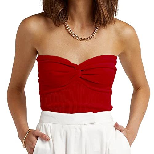 Womens Strapless Crop Top Sexy Sweetheart Neck Ribbed Knit Twisted Knot Front Sleeveless CamisoleTanks Top