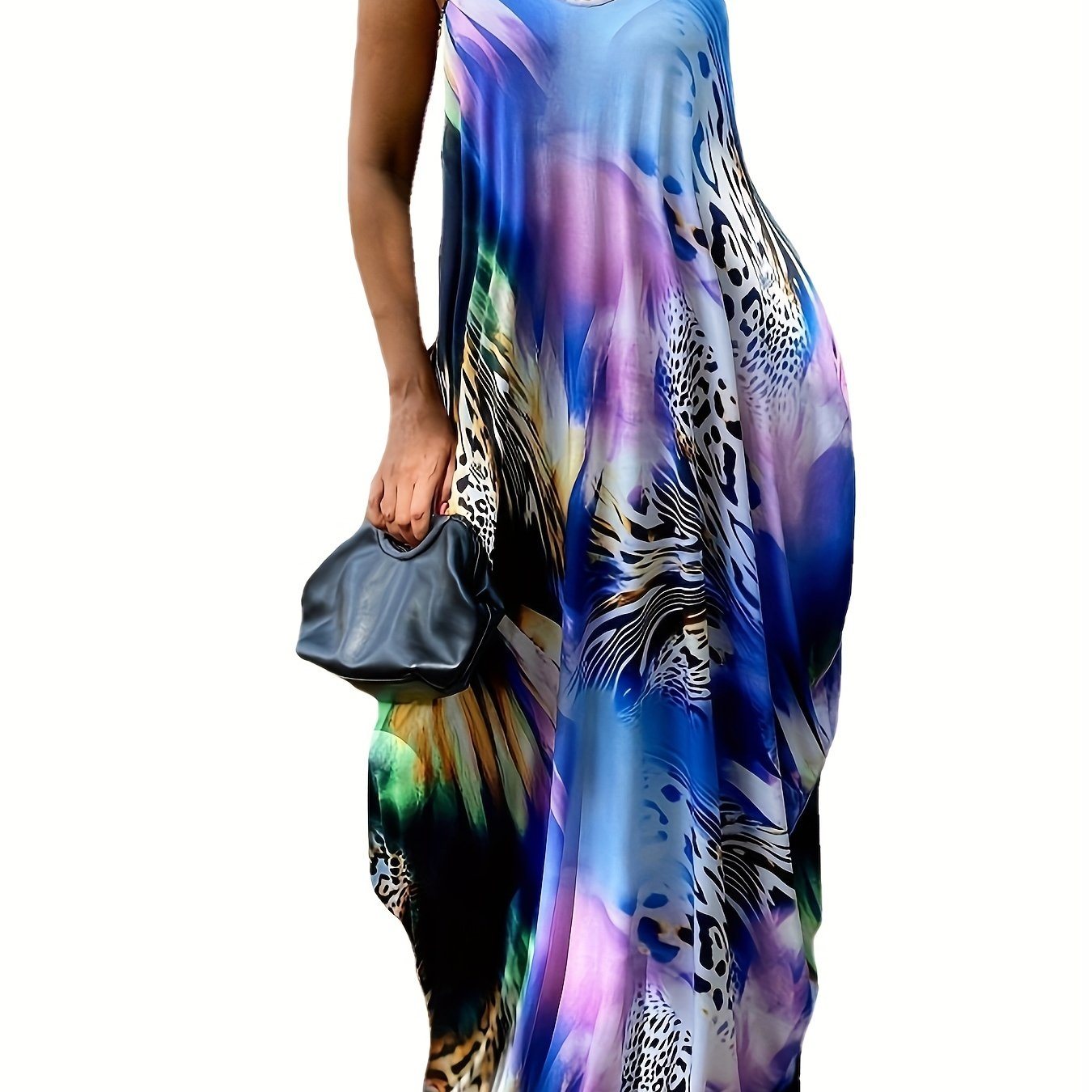 Plus Size Graphic Print V Neck Cami Maxi Dress; Women's Plus Slight Stretch Casual Long Dress