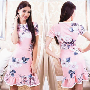 Summer new women's flower print short-sleeved slim ruffled stitching dress